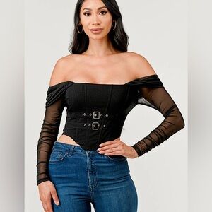 NWT - Black Off the shoulder long mesh sleeves corset crop top